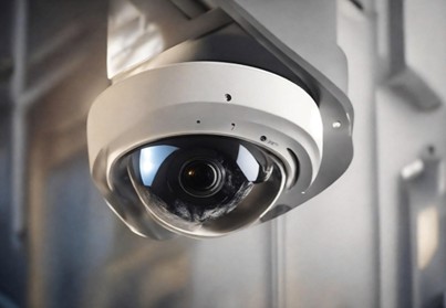 A security camera watches over the entrance of a hospital.