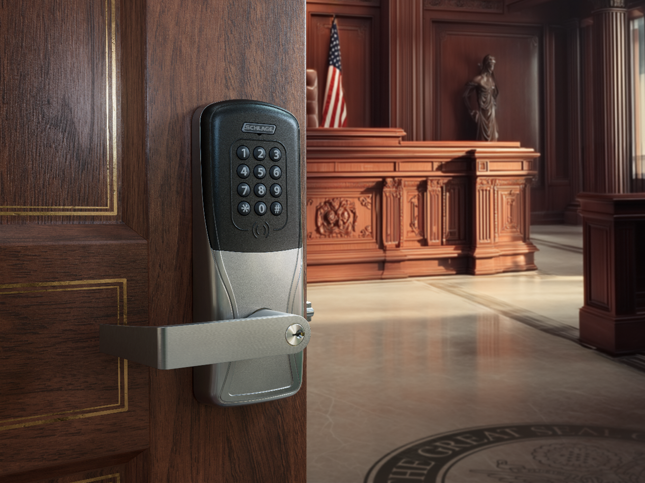 Wireless lock on courtroom door.