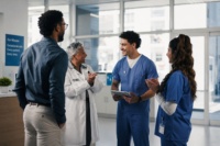 A diverse team of healthcare professionals, including a doctor and nurses, smiles while discussing patient care in a bright hospital corridor, highlighting collaboration and continuous hospital operations.