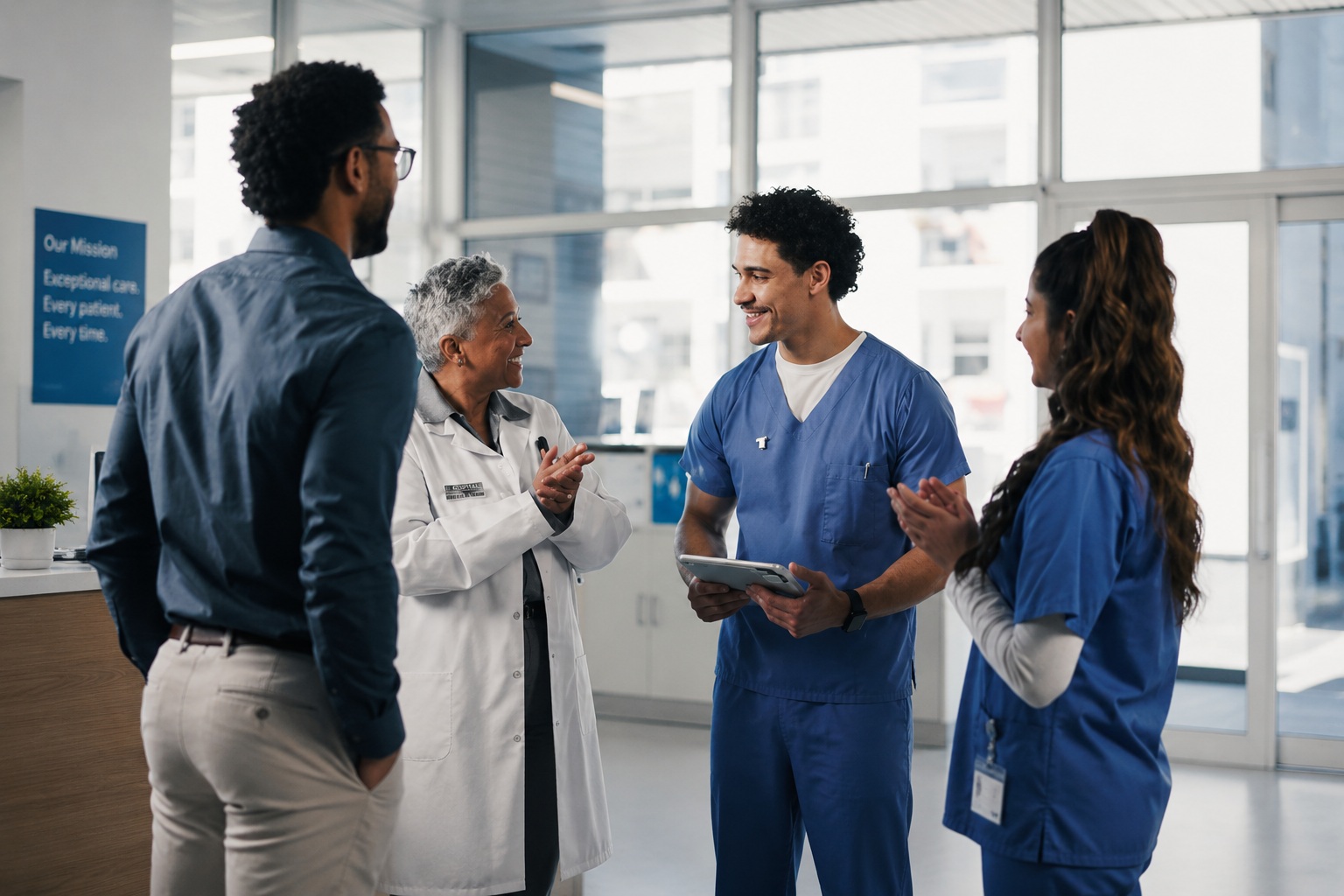A diverse team of healthcare professionals, including a doctor and nurses, smiles while discussing patient care in a bright hospital corridor, highlighting collaboration and continuous hospital operations.