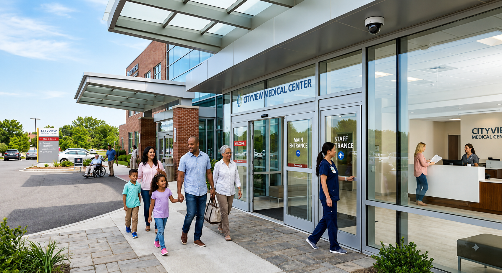 Family and hospital staff walking through a medical center entrance.